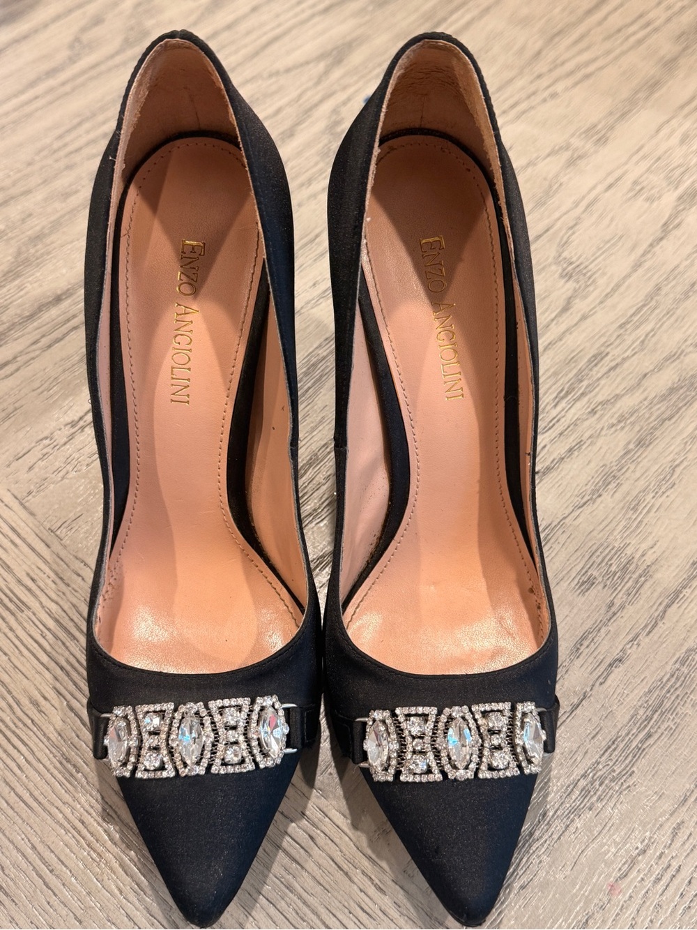 Enzo Angiolini Black Satin Pointed Toe Pumps with Crystal Brooch